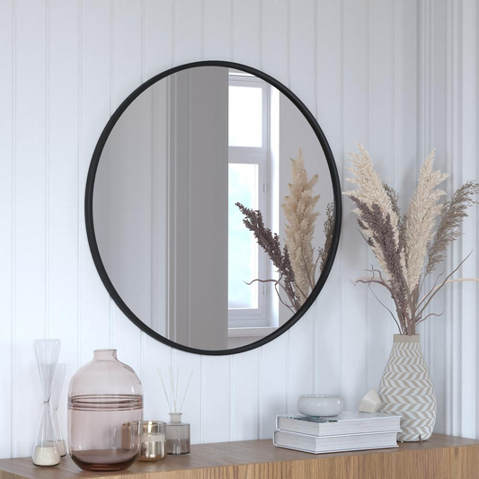 30" Round Black Metal Framed Wall Mirror