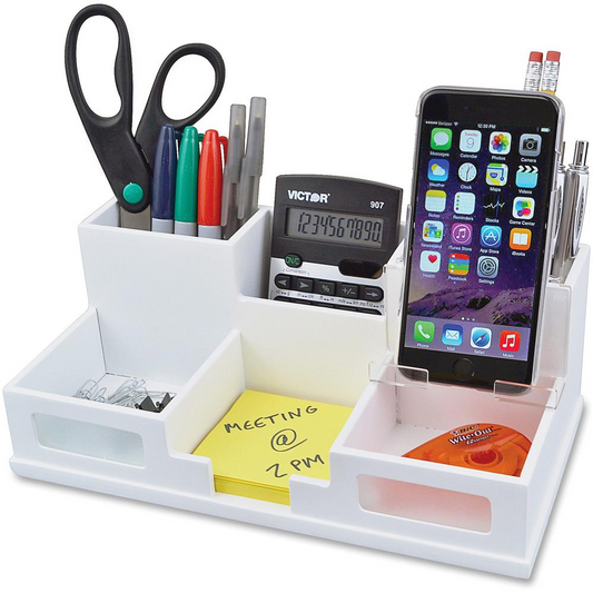 White Desk Organizer with Ergonomic Phone Stand