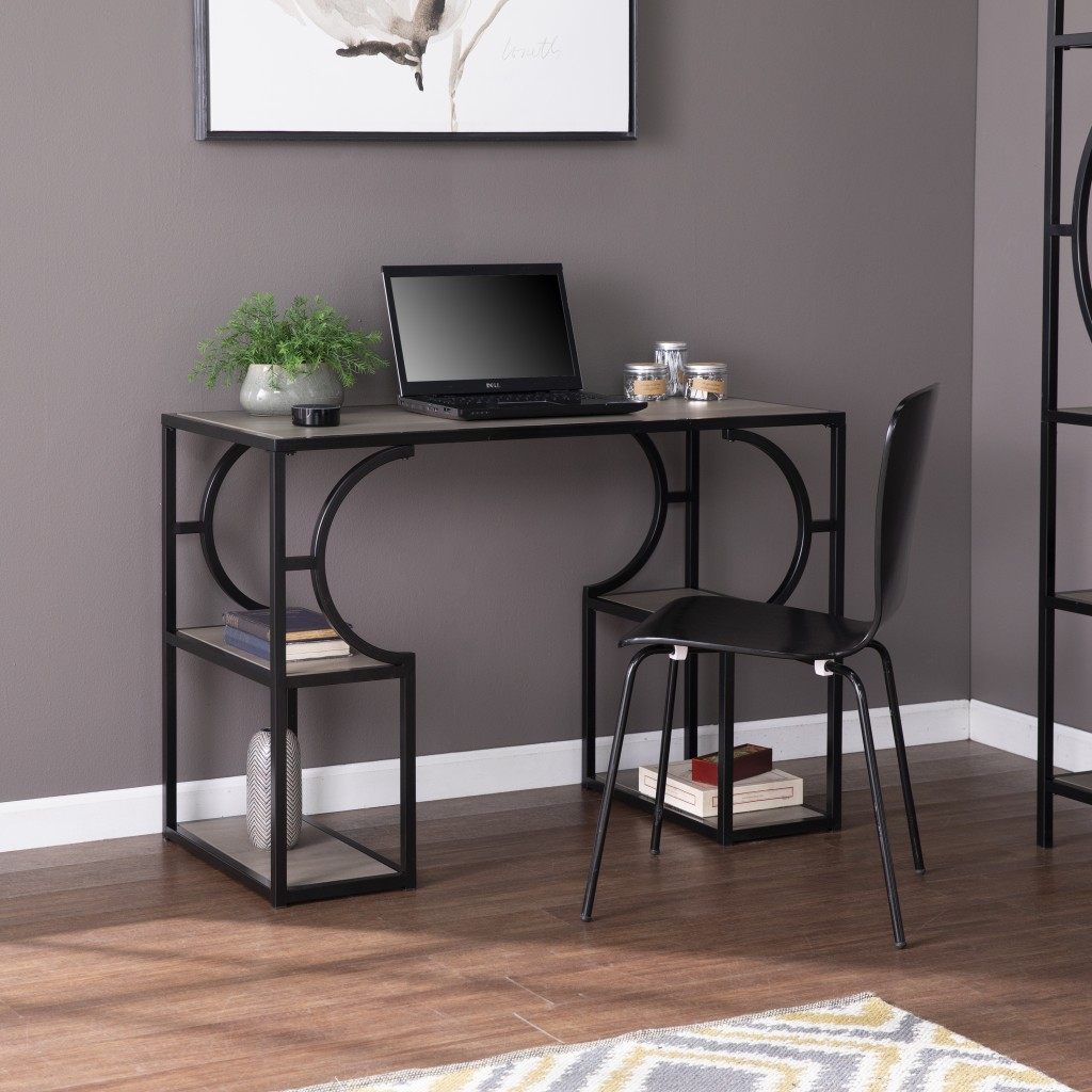 Modern Wood & Iron Writing Desk with Open Storage