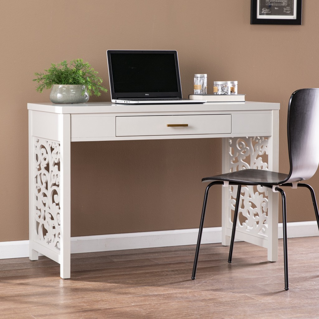 Stylish Gray Desk with Lattice Accents