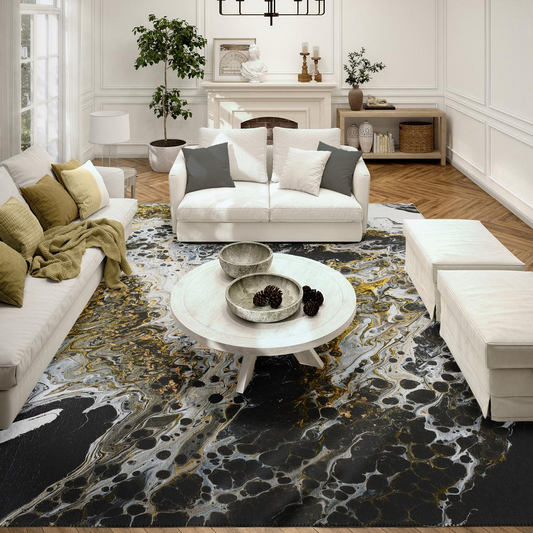 Karissa Midnight: Mesmerizing Black Marble with Gold Accents 10' x 14' Area Rug