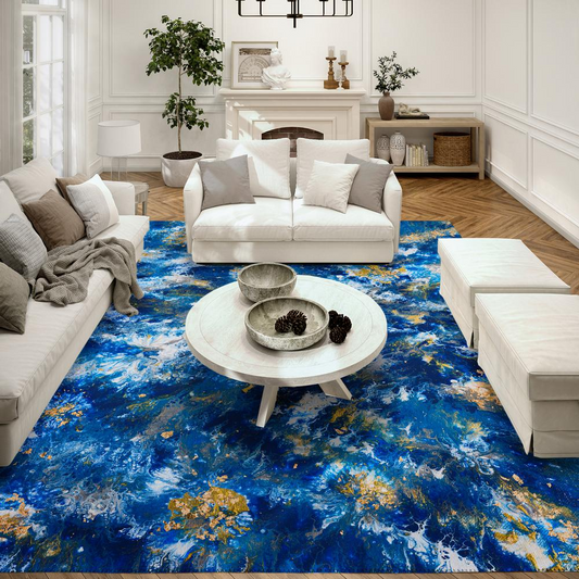 Karissa Blue: Dancing Blues & Gold Abstract 10' x 14' Area Rug