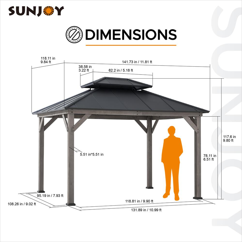 10x12ft Cedar Wood Gazebo with Steel Roof