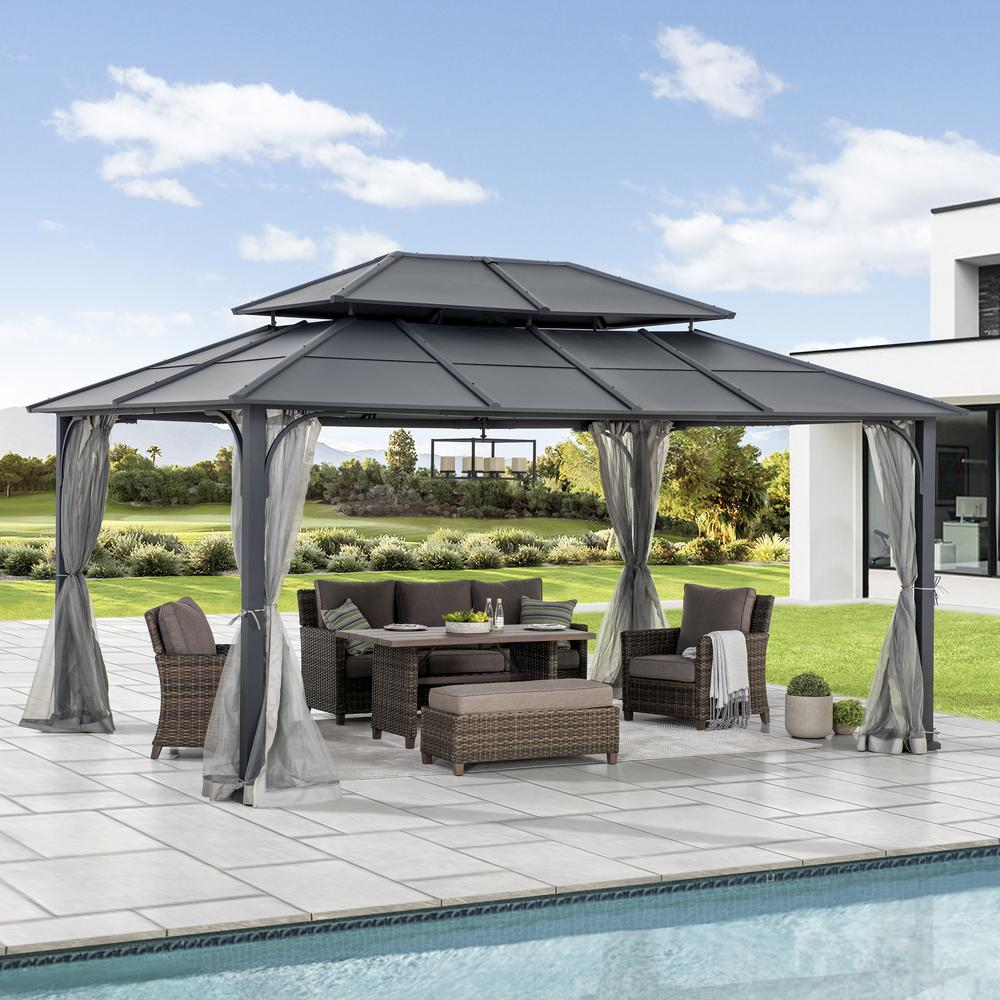 Sunjoy 12'x16' 2-Tier Hardtop Gazebo with Steel Frame & Mosquito Netting