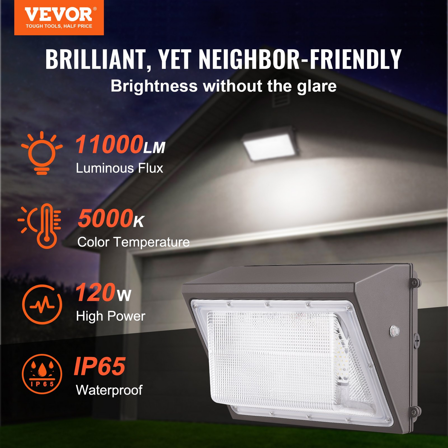 VEVOR LED Wall Pack Lights, 120W 11000LM, 5000K Commercial Outdoor Lights Security Lighting Fixture, with Intelligent Light Sensing 240 LED beads Energy Saving for Garages Yards, IP65 Waterproof