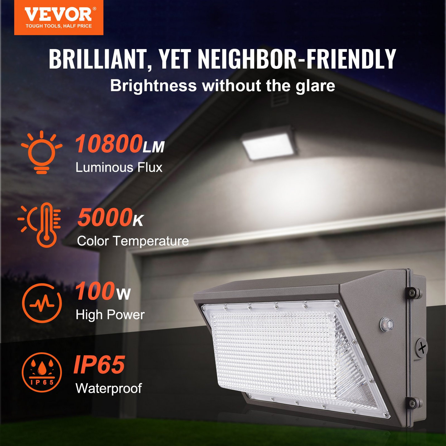 VEVOR 2PCs LED Wall Pack Lights, 100W 10800LM, 5000K Commercial Outdoor Lights Security Lighting Fixture, with Intelligent Light Sensing 180 LED beads Energy Saving for Garages Yards, IP65 Waterproof