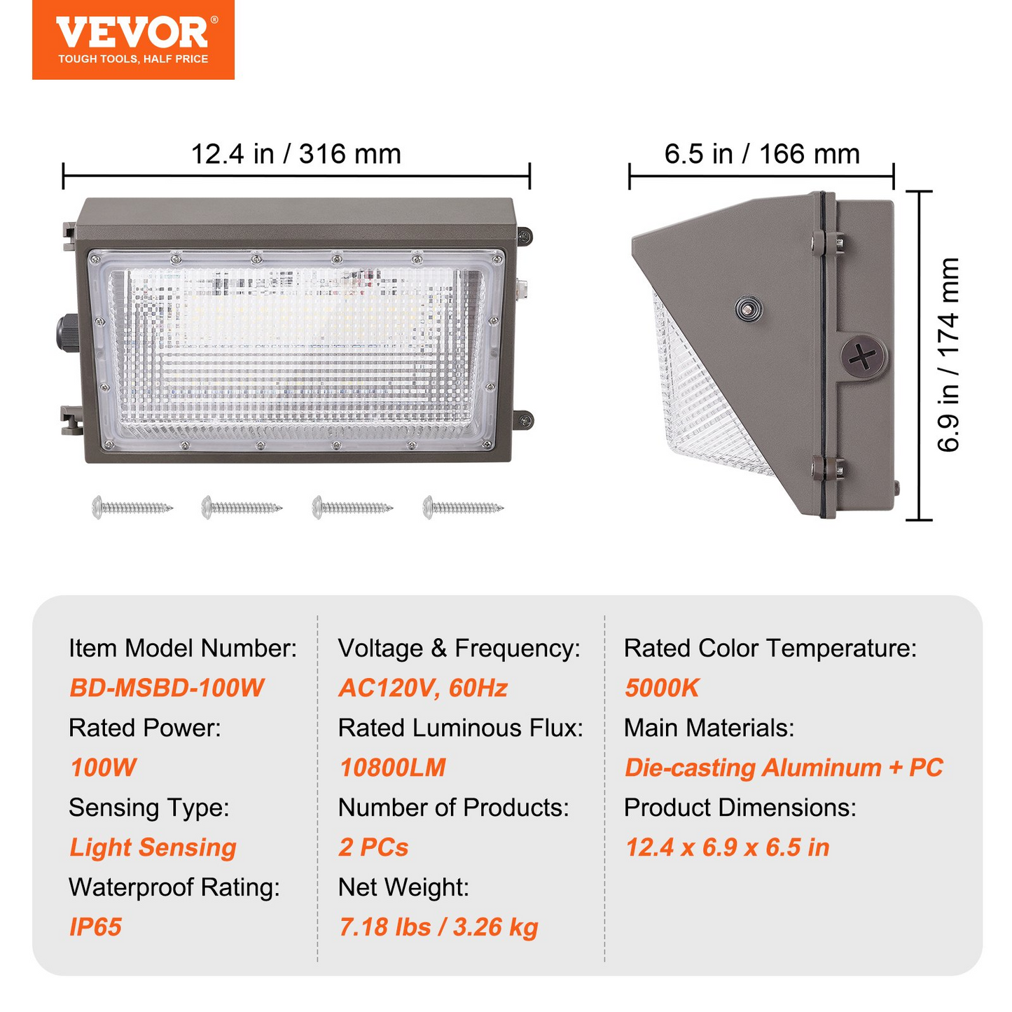 VEVOR 2PCs LED Wall Pack Lights, 100W 10800LM, 5000K Commercial Outdoor Lights Security Lighting Fixture, with Intelligent Light Sensing 180 LED beads Energy Saving for Garages Yards, IP65 Waterproof