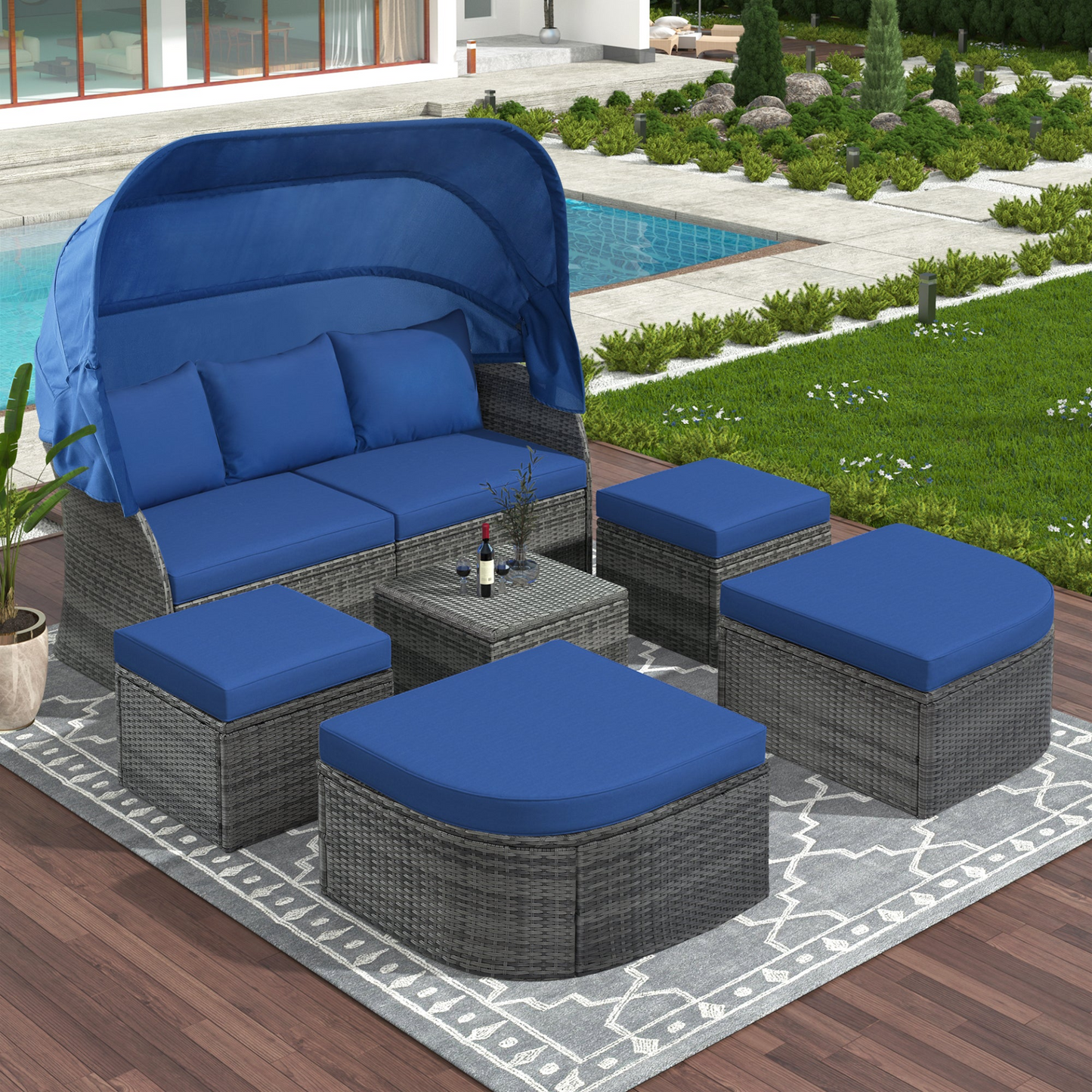 7-Piece Outdoor Royal Blue Patio Set | Retractable Canopy | Adjustable Seating