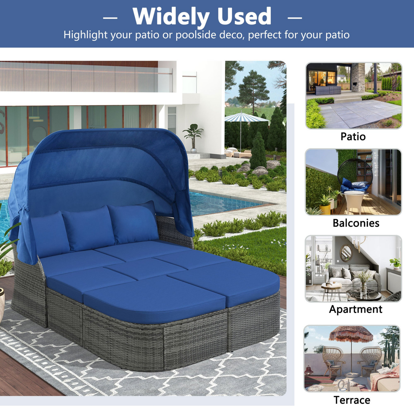 7-Piece Outdoor Royal Blue Patio Set | Retractable Canopy | Adjustable Seating