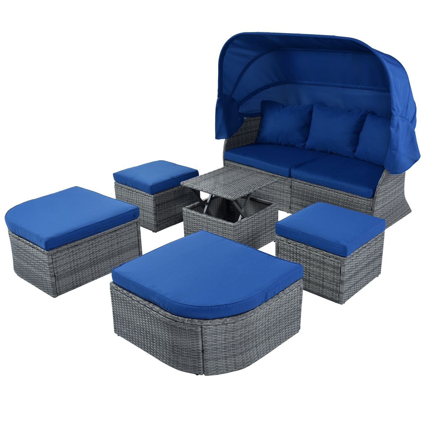 7-Piece Outdoor Royal Blue Patio Set | Retractable Canopy | Adjustable Seating