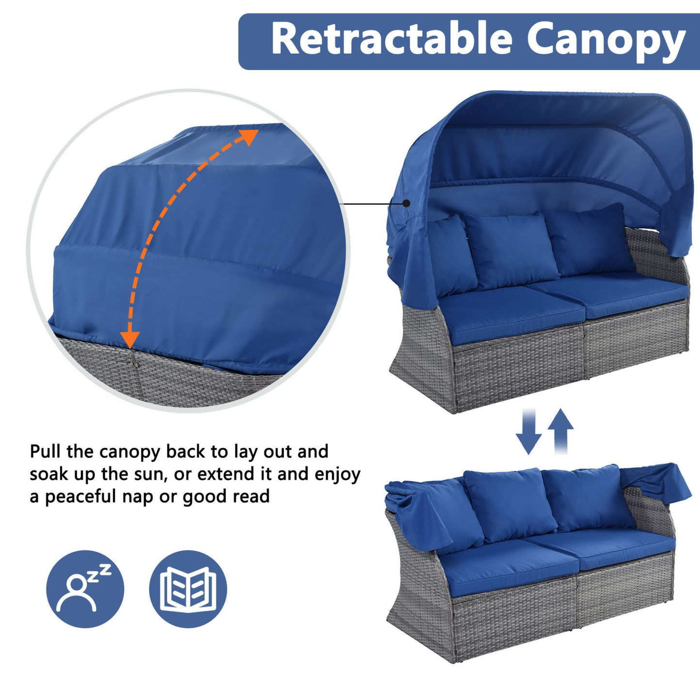 7-Piece Outdoor Royal Blue Patio Set | Retractable Canopy | Adjustable Seating