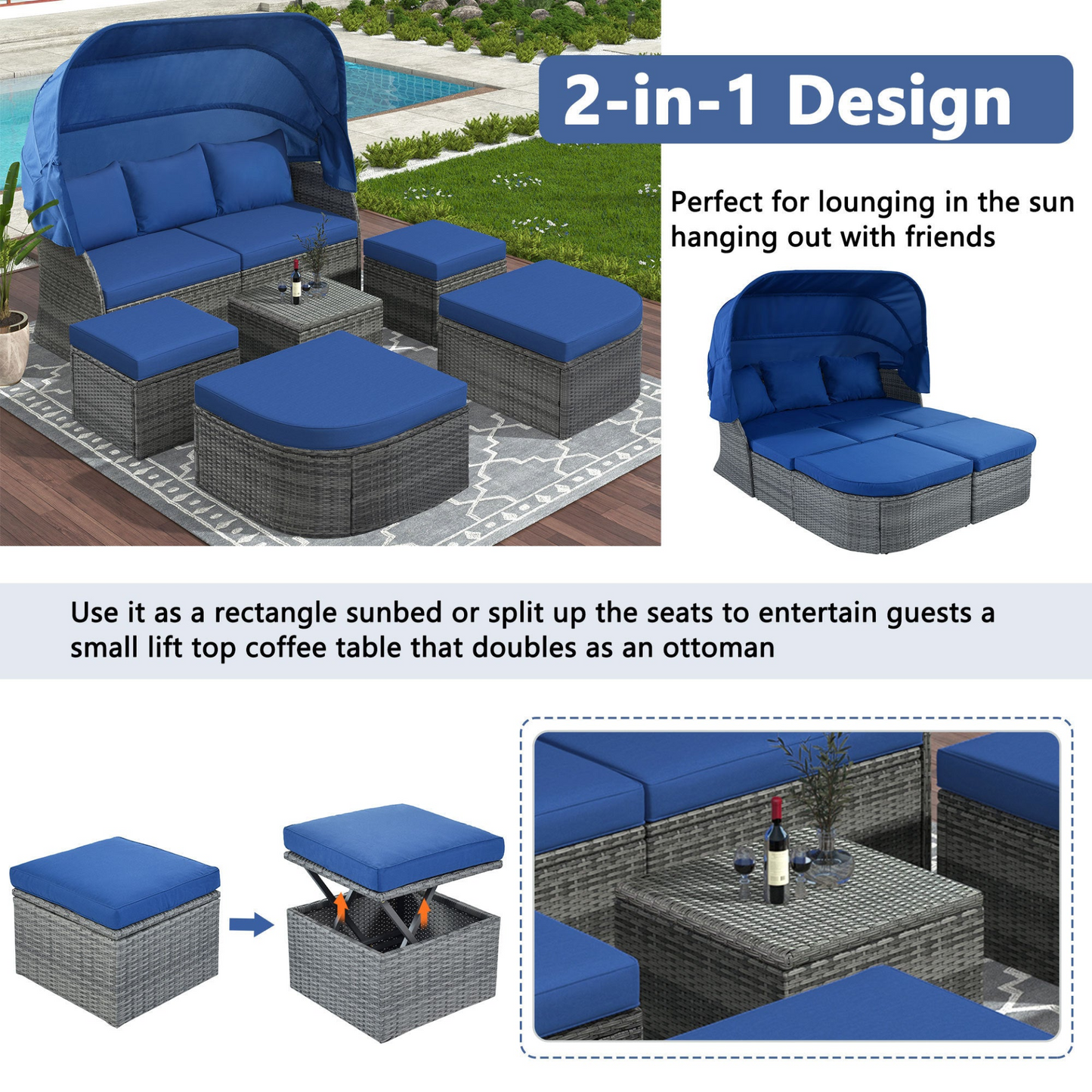 7-Piece Outdoor Royal Blue Patio Set | Retractable Canopy | Adjustable Seating