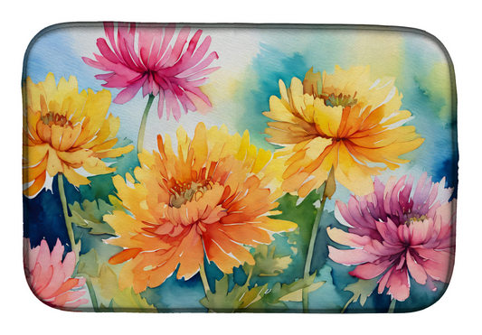 Chrysanthemums in Watercolor Dish Drying Mat